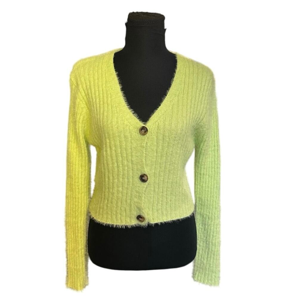 Nasty Gal Fuzzy Knit Cropped Cardigan Lime Green Ribbed Button Front Sweater M - Picture 2 of 7